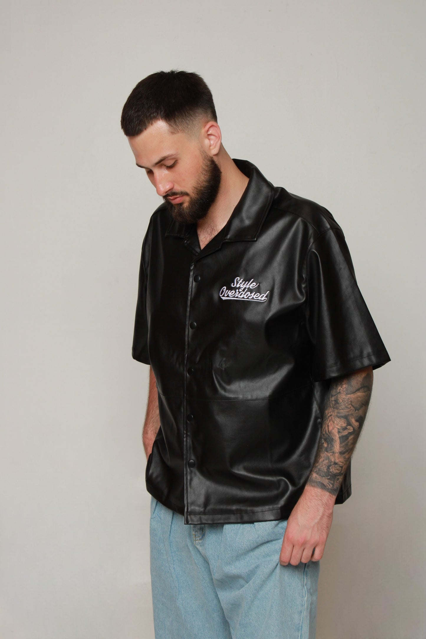 Faux Leather Button Up Shirt